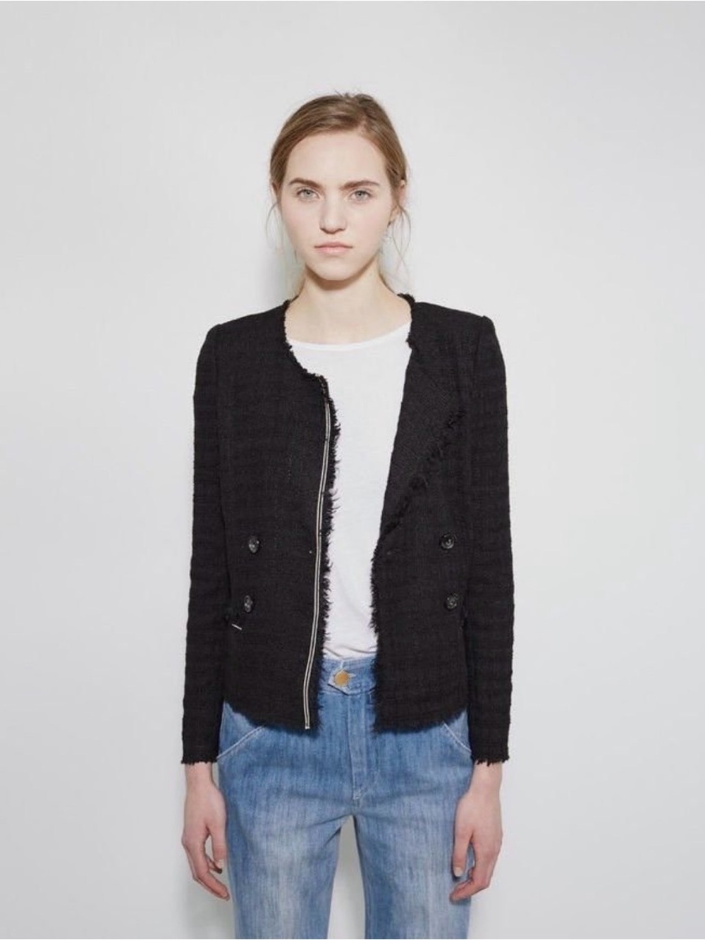 ISABEL MARANT ETOILE Tweed Flenn Jacket Blazer Black White Piping Size 40